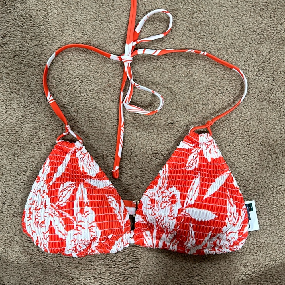 Time and Tru Red and White Floral Smocked Triangle Bikini Top - Women Swim